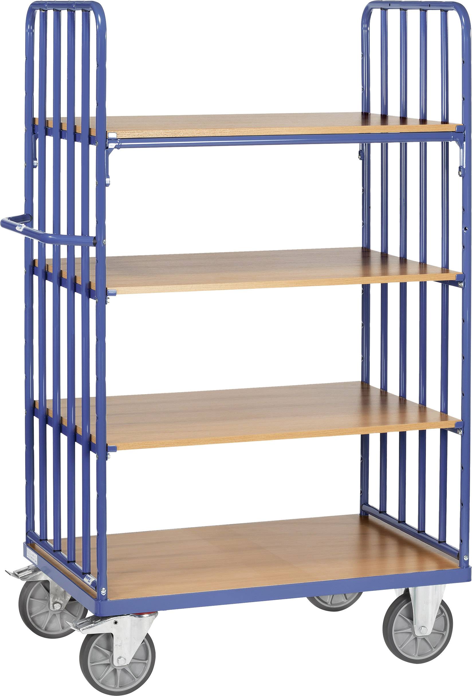 Un carrello blu con quattro ripiani in legno e ruote. Adatto al trasporto di oggetti in ambienti di magazzino o ufficio.