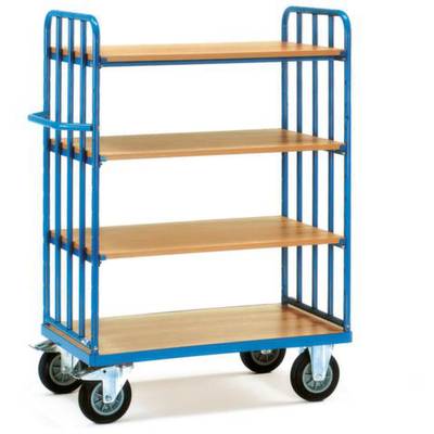 Un carrello blu con quattro ripiani in legno e ruote, adatto per spostare merci o materiali in un magazzino.