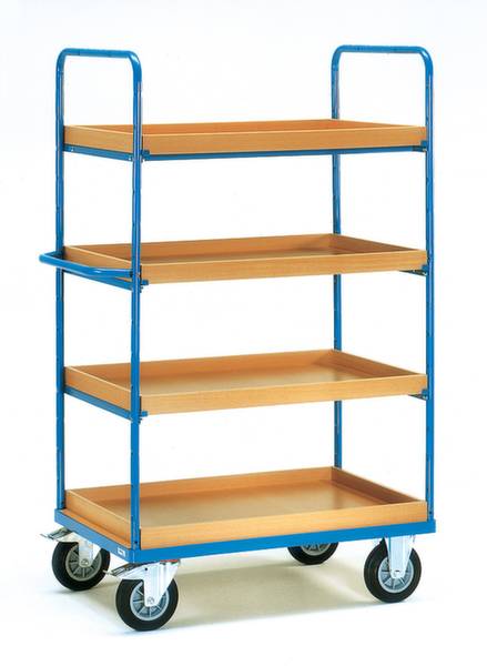 Un carrello portaoggetti con quattro ripiani in legno e un telaio metallico blu, adatto al trasporto di oggetti.