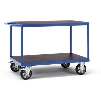 Un carrello blu, rettangolare, con due ripiani e quattro ruote girevoli per un facile spostamento di oggetti.