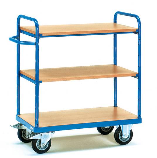 Carrello portavivande blu con tre ripiani in legno e quattro ruote nere. Adatto per il trasporto di merci o materiali.