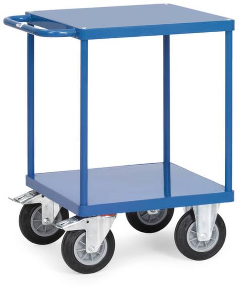 Carrello blu con quattro ruote e una piattaforma superiore e inferiore, con impugnatura per la spinta.