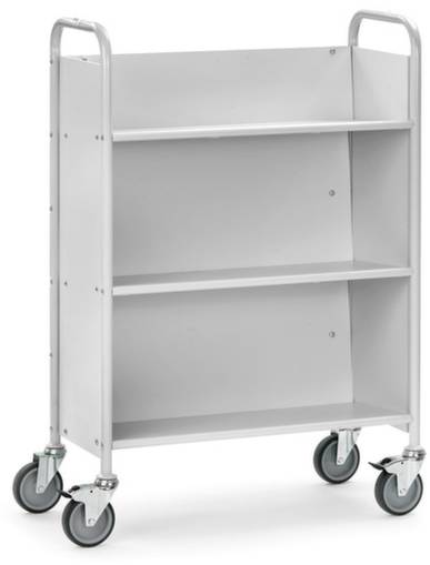 Carrello metallico grigio con tre ripiani, montato su quattro ruote, idoneo per il trasporto di oggetti in ambienti ufficio.