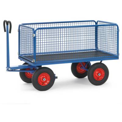 Un carrello blu con pareti a griglia e quattro ruote. Ha un manico nero per il trasporto.