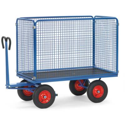 Un carrello blu con griglia, ruote rosse e pianale nero, adatto per il trasporto di oggetti ingombranti.