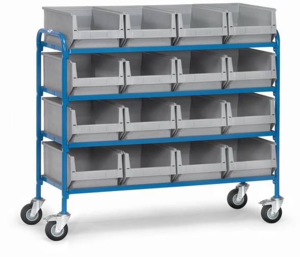 Un carrello blu con cinque ripiani, ciascuno contenente quattro scatole di stoccaggio grigie affiancate. Adatto per uso in officina o magazzino.