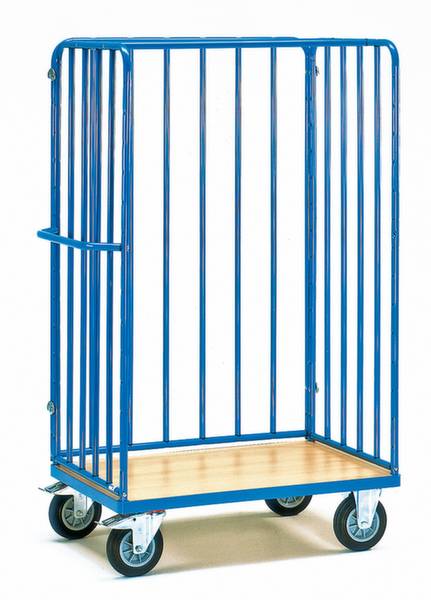 Carrello blu, rettangolare, con piattaforma in legno e quattro ruote. Adatto per lo stoccaggio o il trasporto di merci.