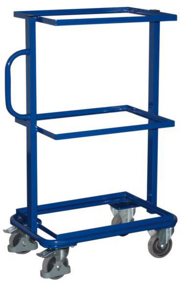 Un carrello in acciaio blu a tre ripiani e quattro ruote. Adatto al trasporto di oggetti in un laboratorio o in un ambiente di magazzino.