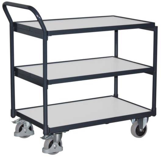 Carrello a tre ripiani in metallo nero, con manico e ruote, ideale per il trasporto di oggetti leggeri.
