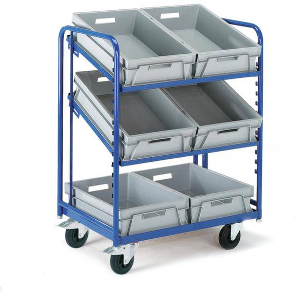 Un carrello blu con sei contenitori di plastica grigia, distribuiti su tre livelli. Il carrello è dotato di quattro ruote per una facile movimentazione.