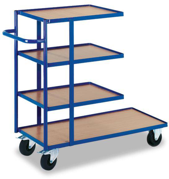 Un carrello scaffale blu con cinque ripiani in legno e quattro ruote.