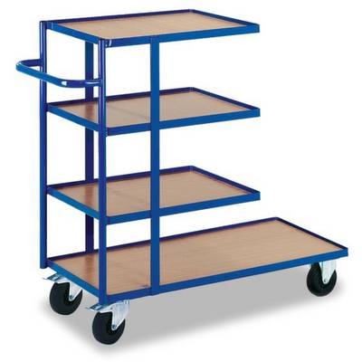 Un carrello scaffale blu con cinque ripiani in legno e quattro ruote.