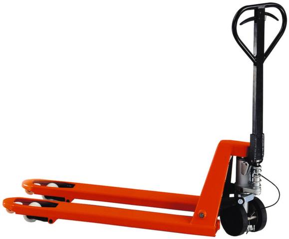 Un transpallet rosso con manici e ruote neri, utilizzato per il trasporto di pallet nei magazzini.
