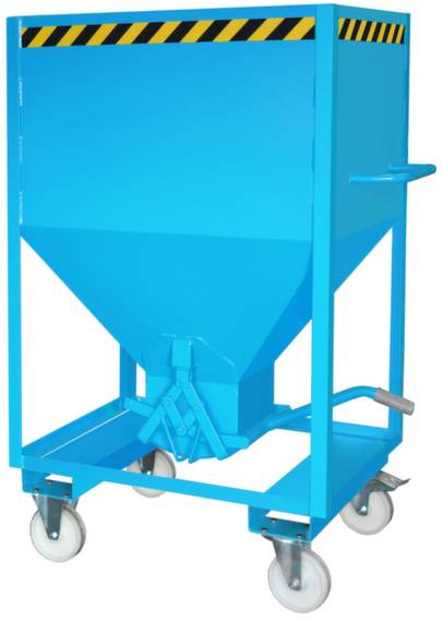 Un contenitore a imbuto blu su ruote con una striscia di avvertimento giallo-nero sul bordo superiore.