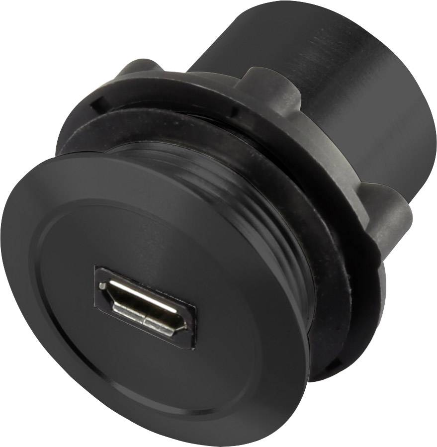 Connettore USB nero e rotondo, idoneo per l'installazione in dispositivi o involucri, con attacco USB standard.