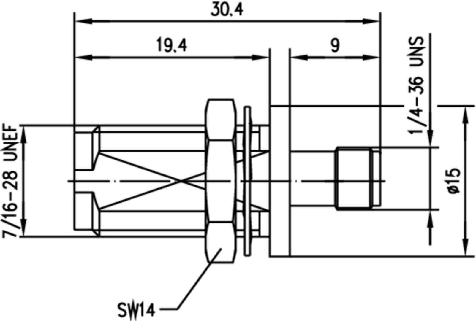 Disegno tecnico di un connettore con quote: lunghezza totale 30,4 mm, varie misure parziali, specifiche di filettatura, diametri.