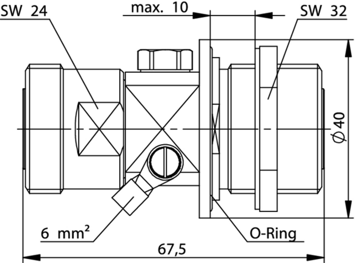 Disegno tecnico di una valvola con dimensioni: SW 24, SW 32, diametro 40, lunghezza 67,5 mm, max. 10 mm, 6 mm², O-Ring.