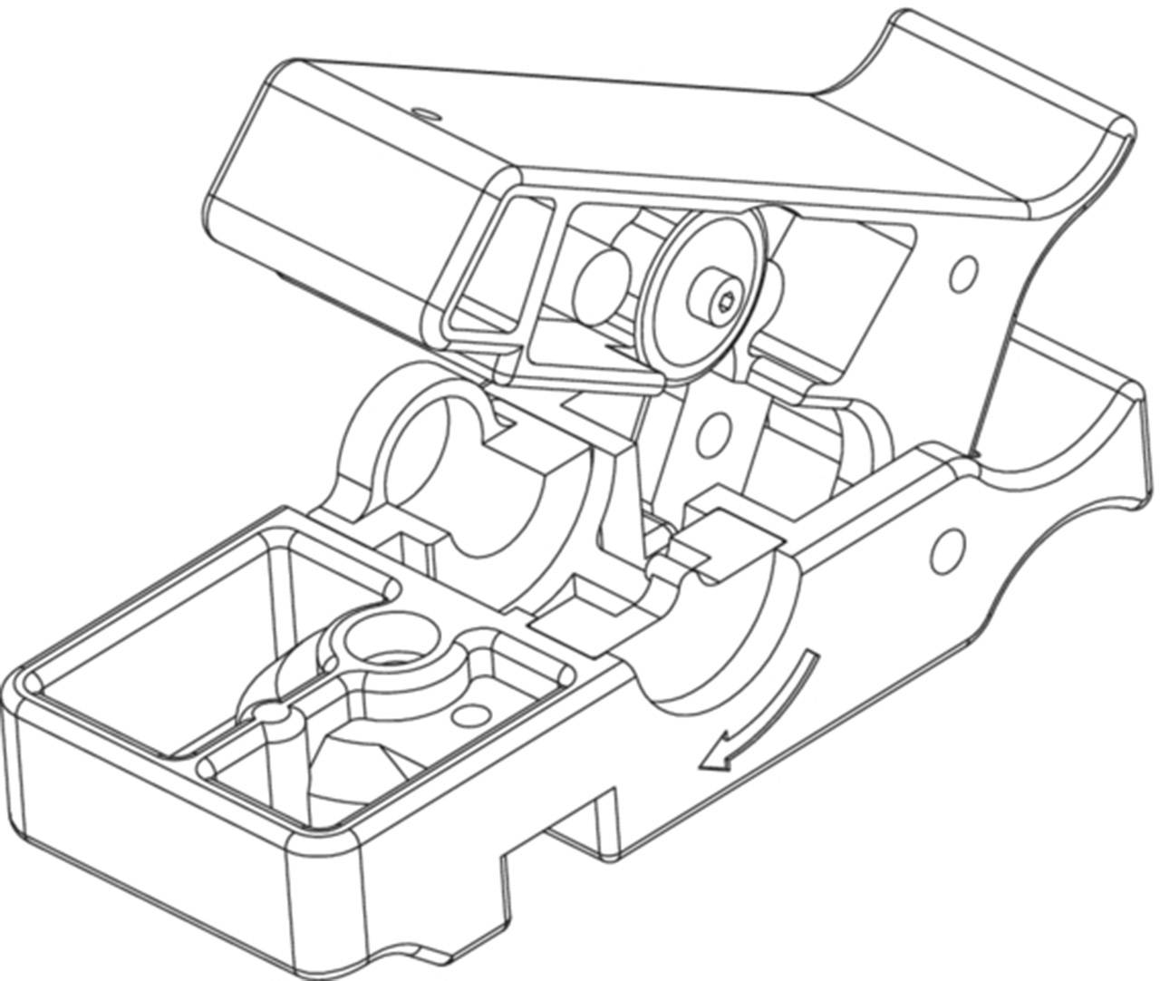 Disegno tecnico di un componente meccanico con rappresentazione dettagliata dei componenti interni e una freccia direzionale.
