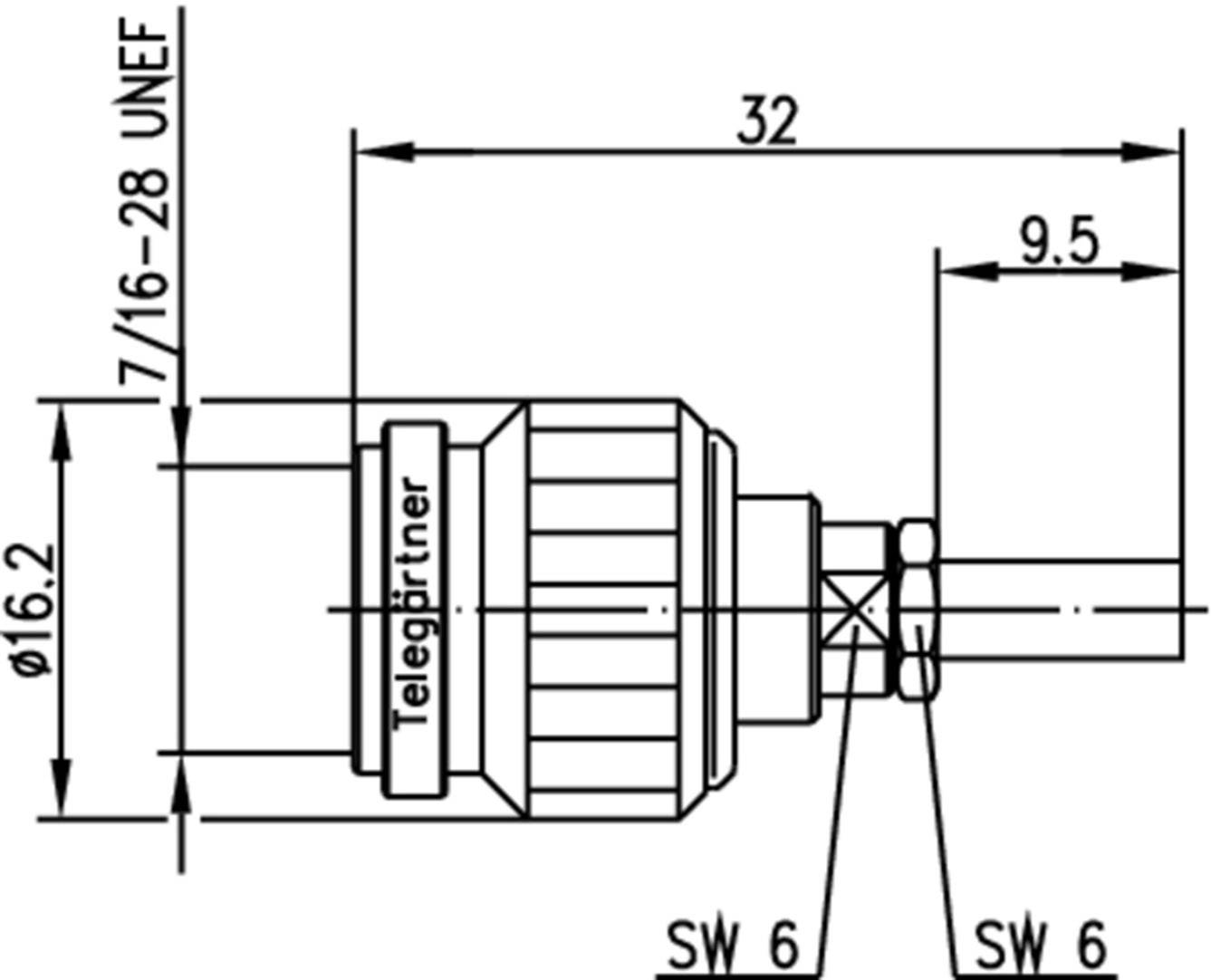 Disegno tecnico di un connettore cilindrico. Dimensioni: diametro 16,2 mm, lunghezza 32 mm, filettatura 7/16-28 UNEF.