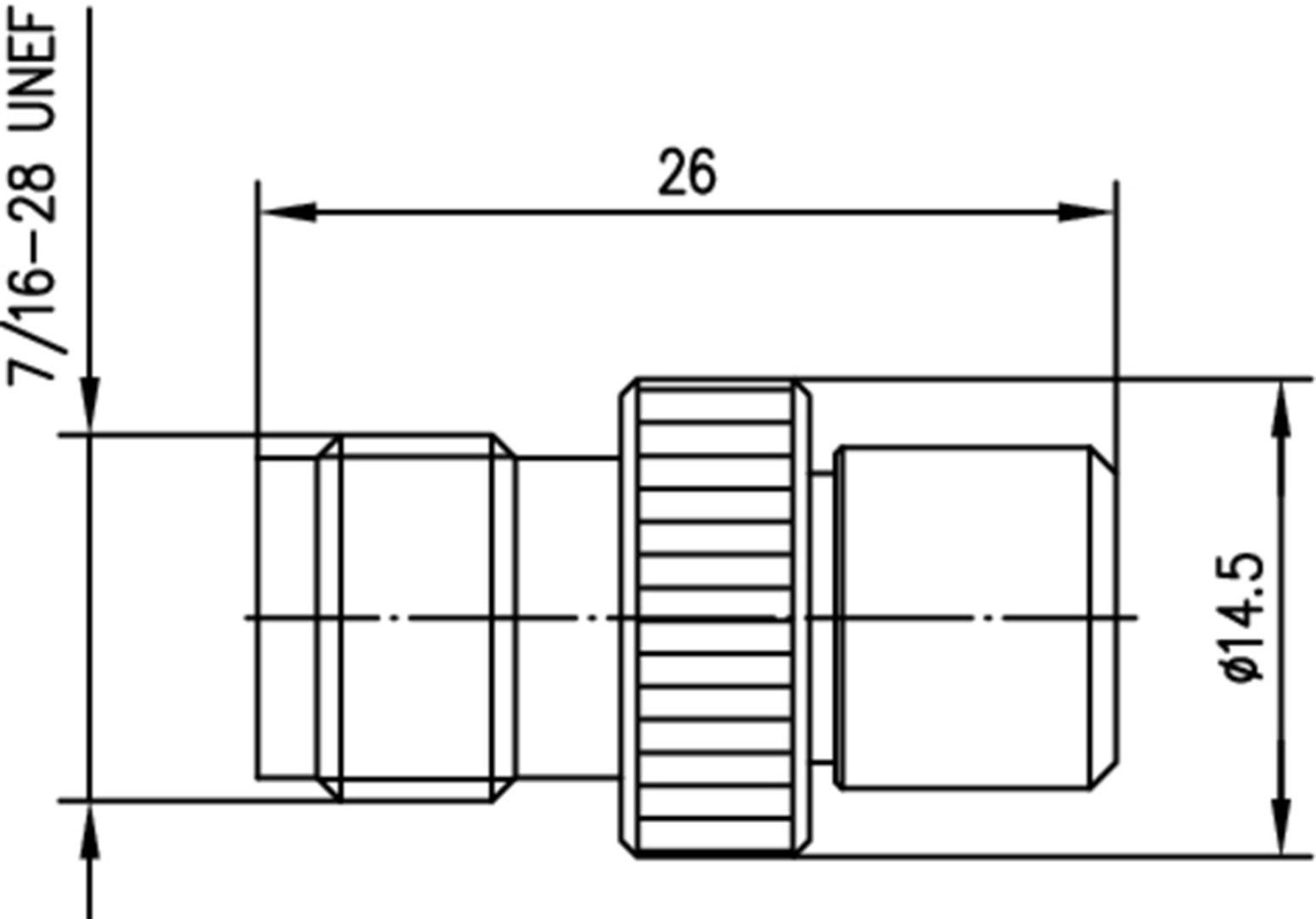 Disegno tecnico di un componente cilindrico filettato '7/16-28 UNEF', lunghezza totale 26 mm, diametro 14,5 mm.
