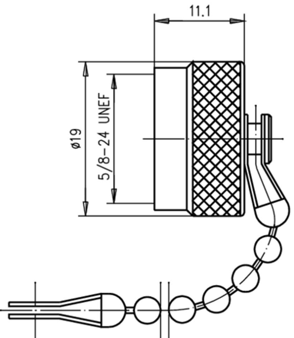 Disegno tecnico di un componente cilindrico con filettature, connessione a filo e protezione della catena. Le misure sono indicate in millimetri.