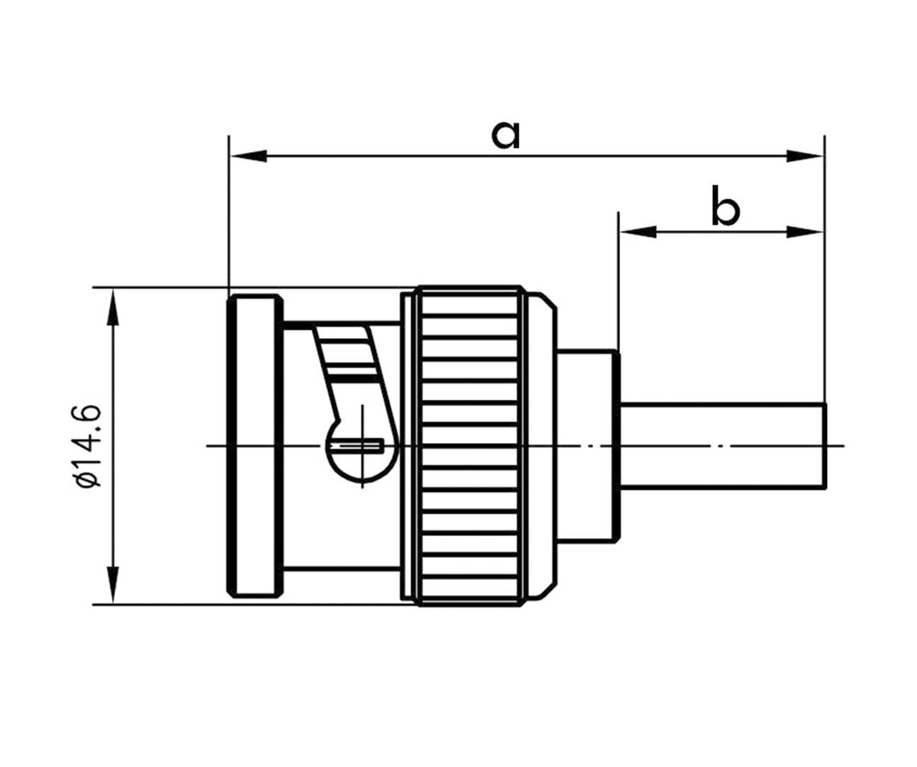 Disegno tecnico di un connettore con indicazioni dimensionali: lunghezza totale 'a', lunghezza parziale 'b' e diametro 'φ14,6'.