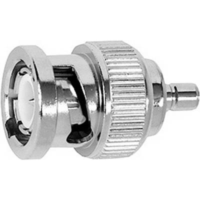 Un connettore coassiale argentato a sezione scanalata, con filettatura e un pin interno, utilizzato per versatili connessioni elettroniche.