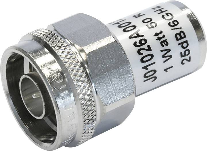 Un attenuatore RF in argento con la scritta '1 Watt 50 Ohm 25dB 6GHz', di un produttore rinomato.