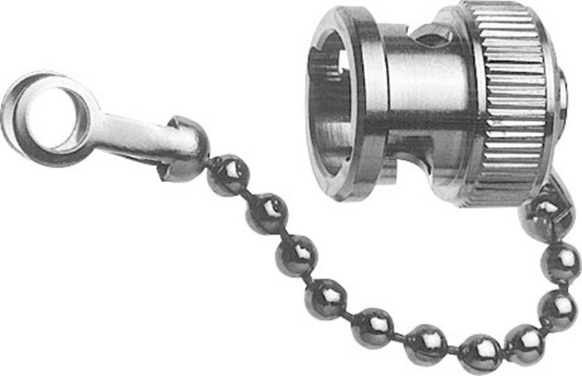 Cappuccio metallico con catena a sfera e coperchio, probabilmente utilizzato come copertura protettiva per un raccordo o una valvola.