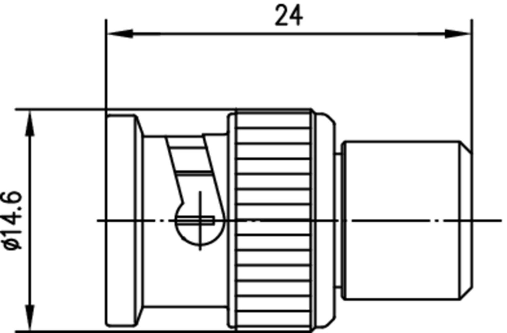 Disegno tecnico di un connettore con le seguenti dimensioni: diametro 14,6 mm, lunghezza 24 mm. Mostra viste dettagliate e sezione trasversale.