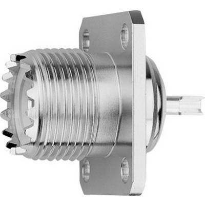 Connettore elettrico metallico con filettatura a vite e piastra di fissaggio rettangolare, per applicazioni industriali.