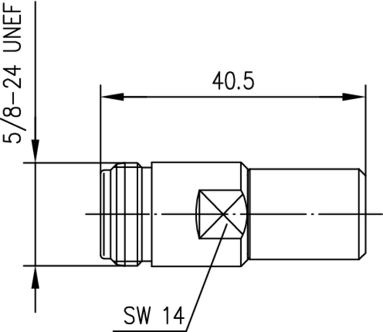 Disegno tecnico di un componente cilindrico con dimensioni: lunghezza 40,5 mm, filettatura 5/8-24 UNEF, esagono SW 14 mm.
