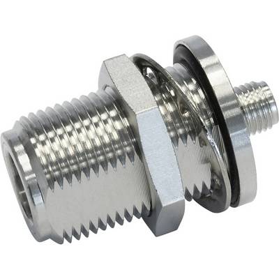 Connettore coassiale metallico filettato, completo di dado e rondella. Utilizzato per collegare dispositivi elettronici.
