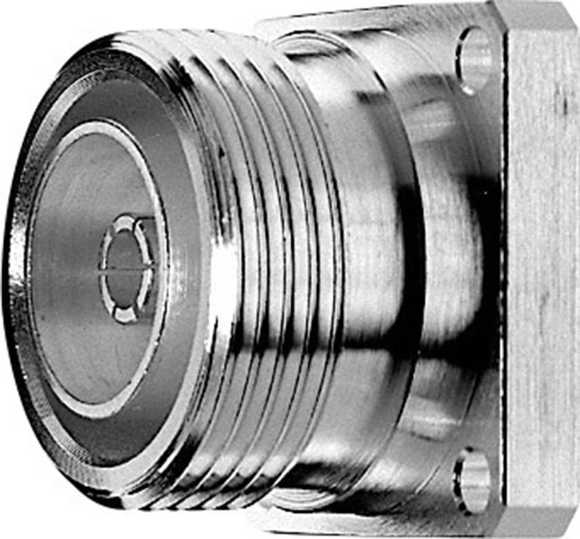 Un involucro metallico per connettore N coassiale in argento, tipicamente utilizzato per connessioni ad alta frequenza in applicazioni tecniche.