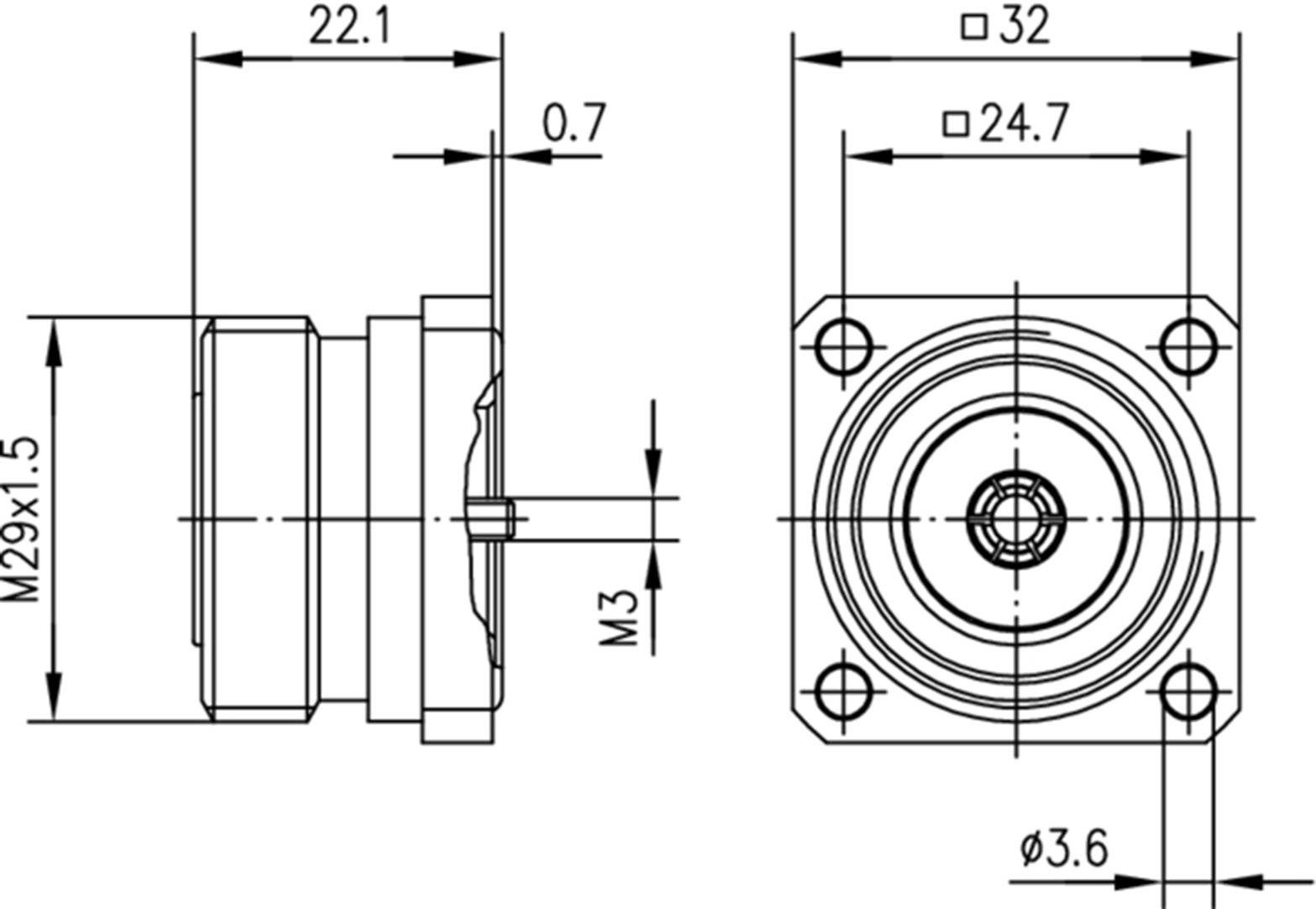 Disegno tecnico di un flangia di supporto con misure: larghezza 22,1 mm, profondità 24,7 mm, diametro del foro 32 mm e diametro dei fori 3,6 mm.