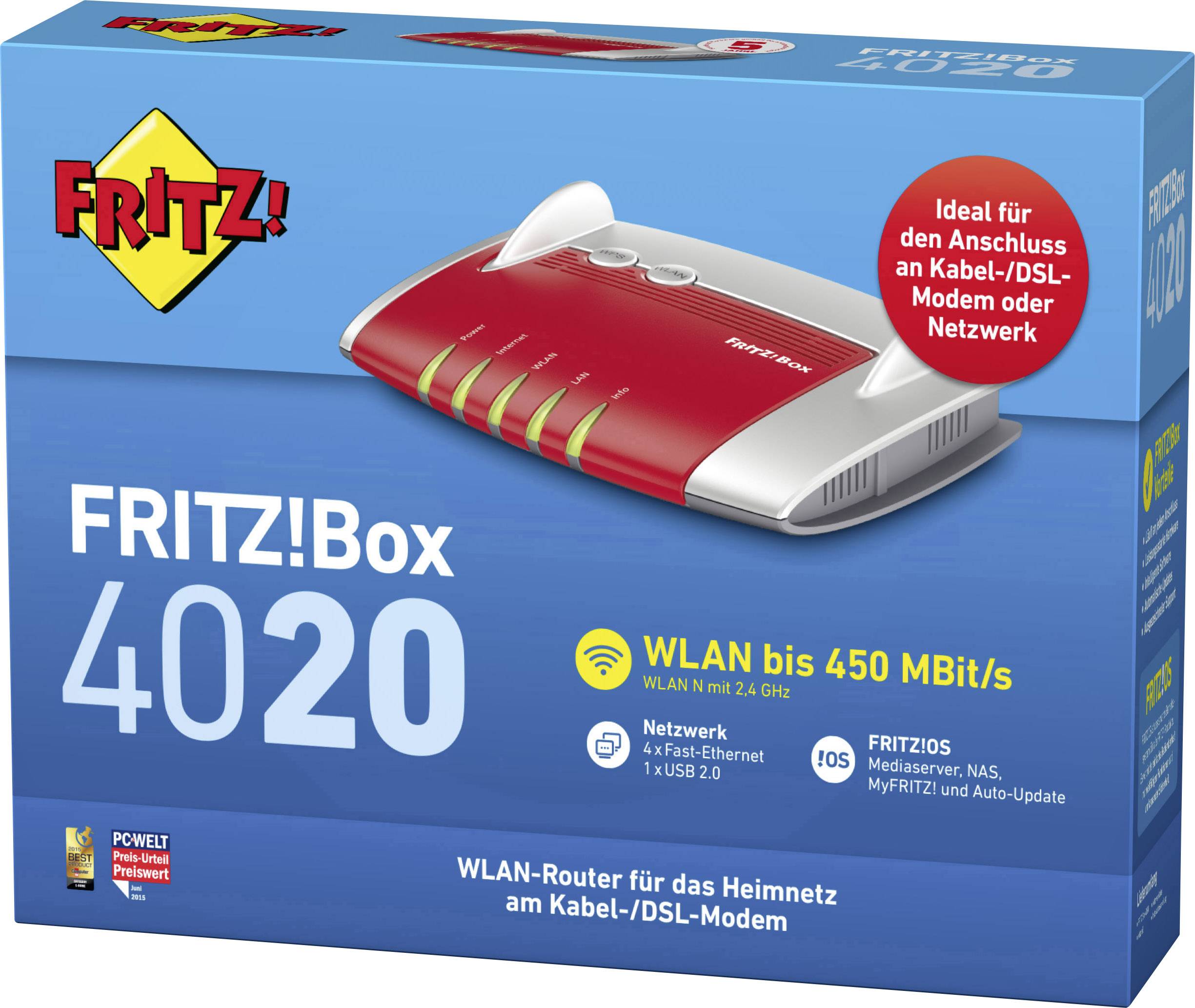 La confezione di un router Wi-Fi con la scritta 'FRITZ!Box 4020', mostra un'immagine del router in rosso e bianco, offre fino a 450 Mbit/s.