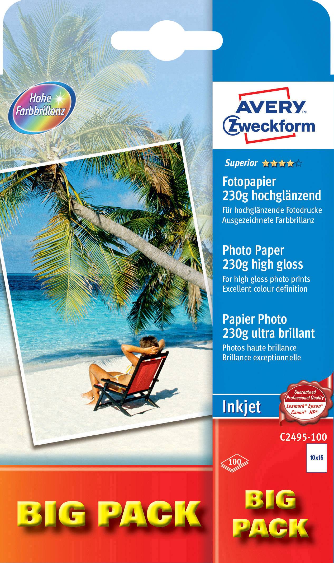 Avery-Zweckform Superior Photo Paper Inkjet C2495-100 Carta fotografica 10 x 15 cm 230 g/m² 100 Foglio Super lucida
