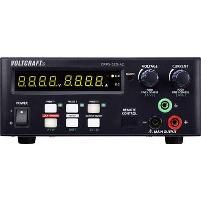 'Voltcraft CPPS-320-42' alimentatore con display digitale, tasti per tensione e corrente, e connettori per l'uscita di corrente.