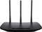 Router Wi-Fi con tre antenne, involucro nero, design distintivo. Adatto a potenziare il segnale internet wireless in ambito domestico.