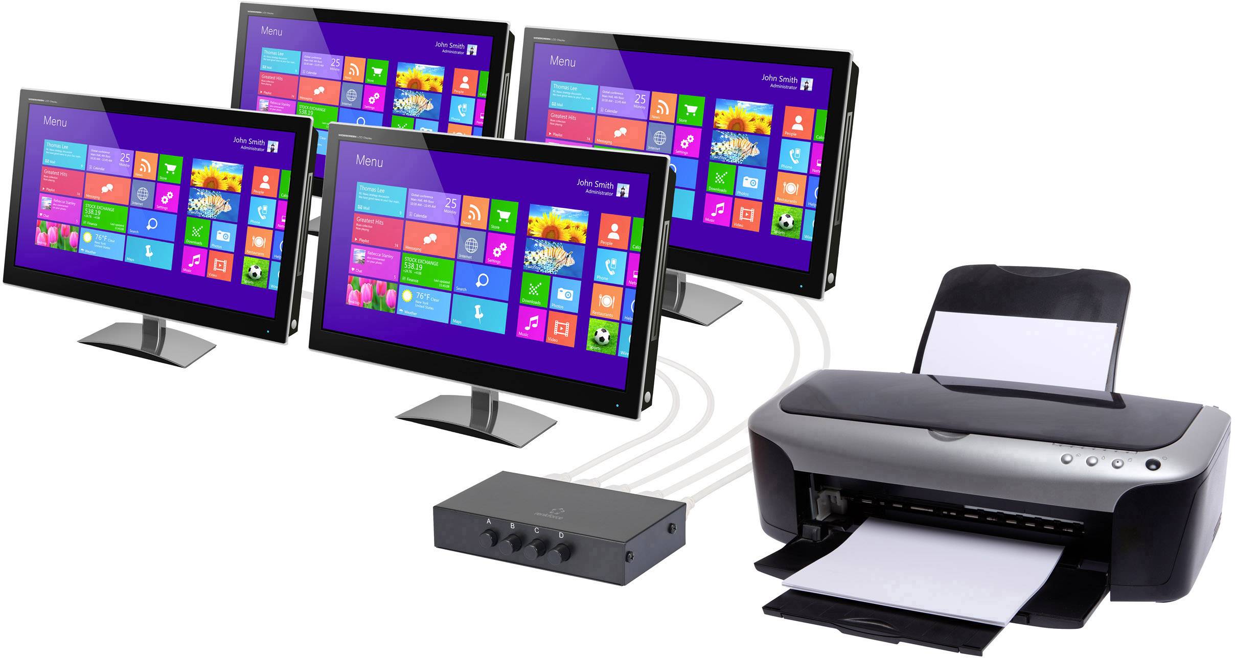 Un monitor del computer viene collegato a una scatola di stampa e distribuzione. La connessione consente di stampare da qualsiasi schermo.