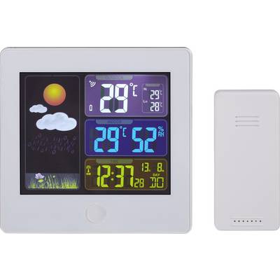 Stazione meteorologica digitale mostra 19°C all'esterno, 29°C all'interno con umidità del 52%, ora 12:37, simbolo di pioggia con sole e nuvole.