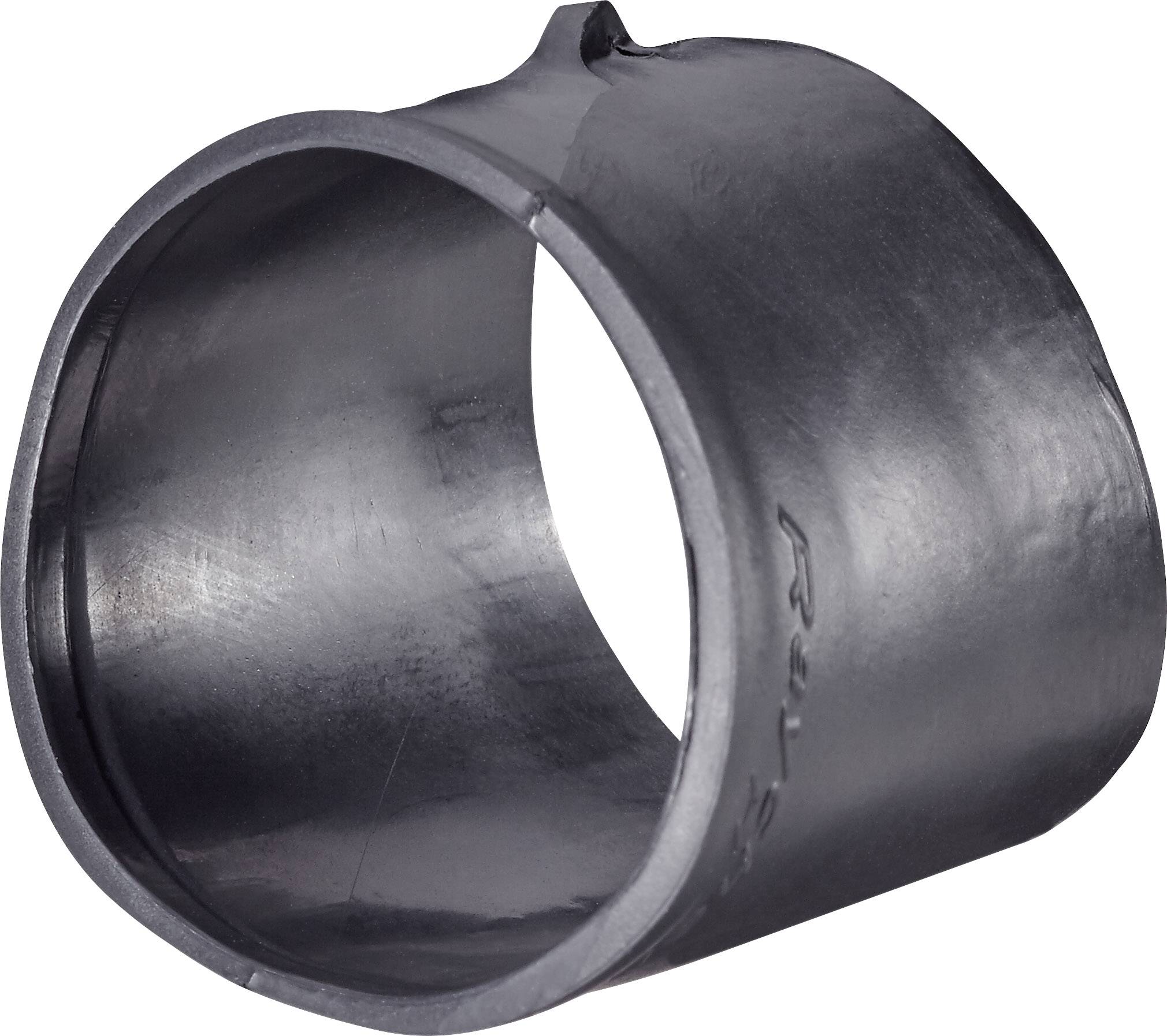 Un anello nero in plastica con un lato aperto. L'anello ha una superficie liscia ed è leggermente ovale. Nessun altro dettaglio visibile.