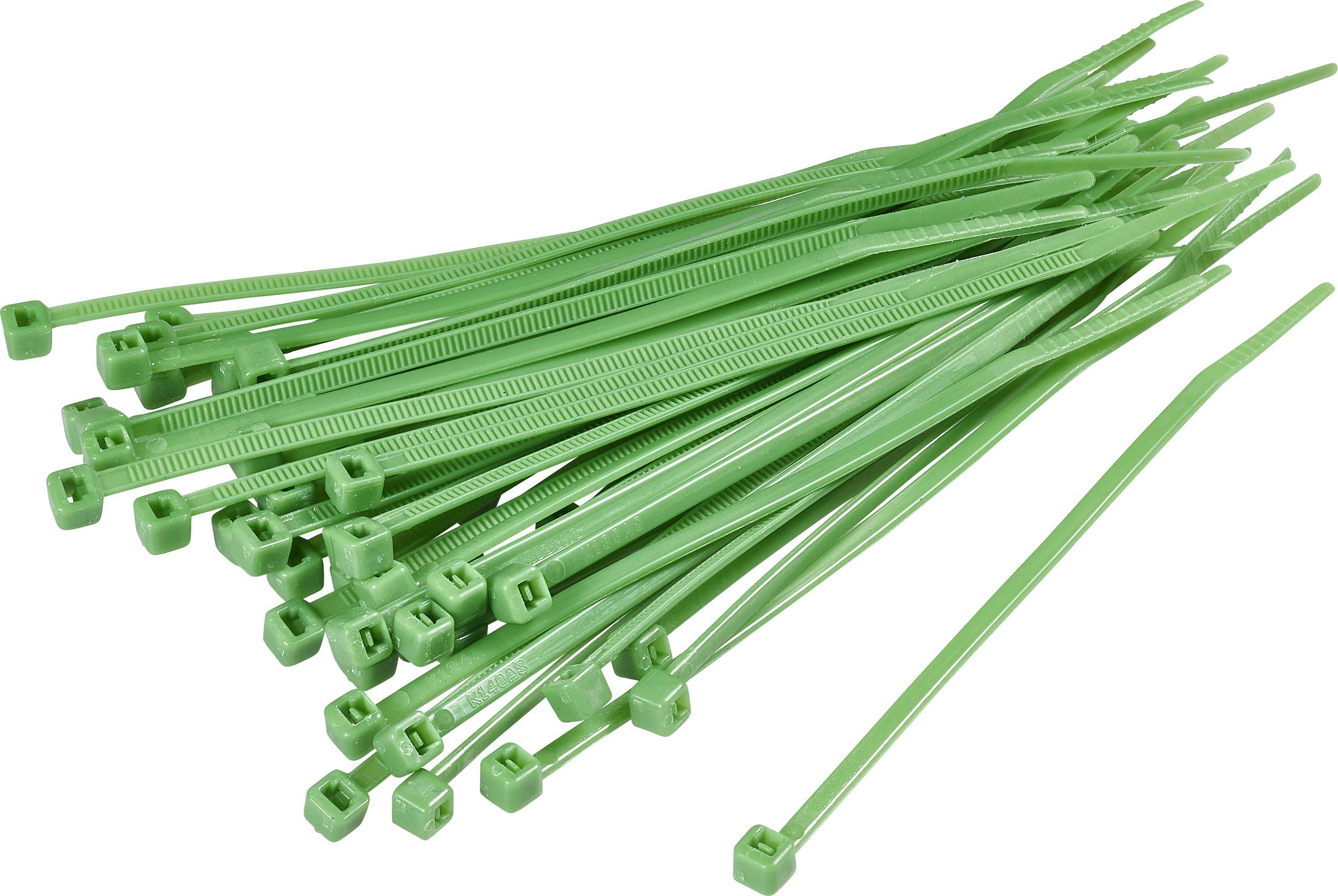 Un fascio di fascette per cavi verdi, impilate. Sono realizzate in plastica e servono per tenere insieme i cavi.