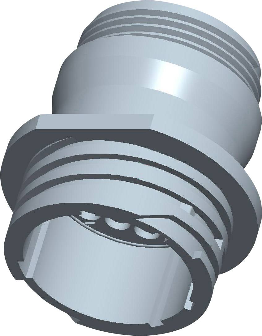Un componente tecnico grigio con filettatura e connessioni a innesto. Probabilmente parte di un sistema meccanico più ampio.