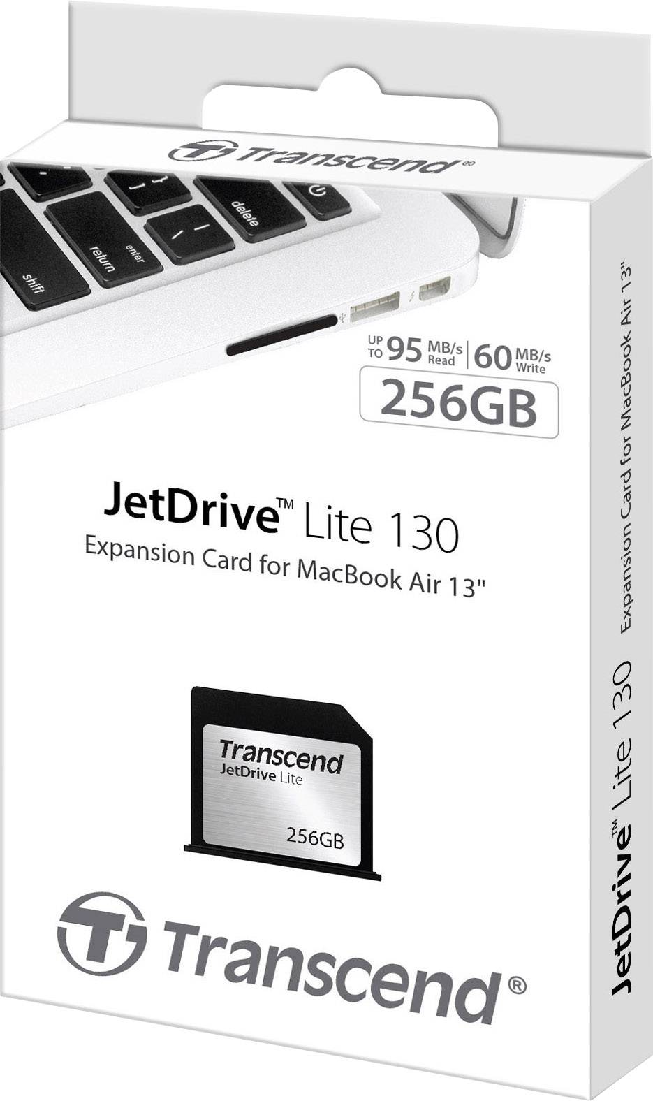 'Transcend JetDrive Lite 130' scheda di espansione per MacBook Air 13' con 256GB di memoria. La confezione mostra la scheda e il laptop.