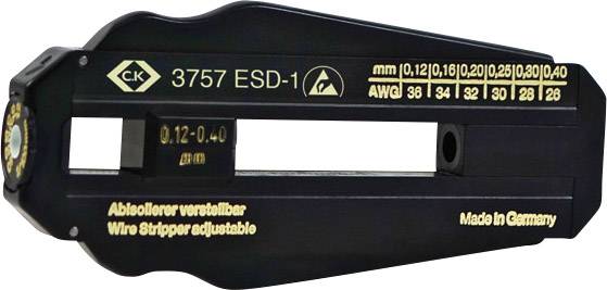 Un spelacavi nero e regolabile con etichettatura gialla, che mostra il diametro del cavo e le dimensioni dei fili, fabbricato in Germania.