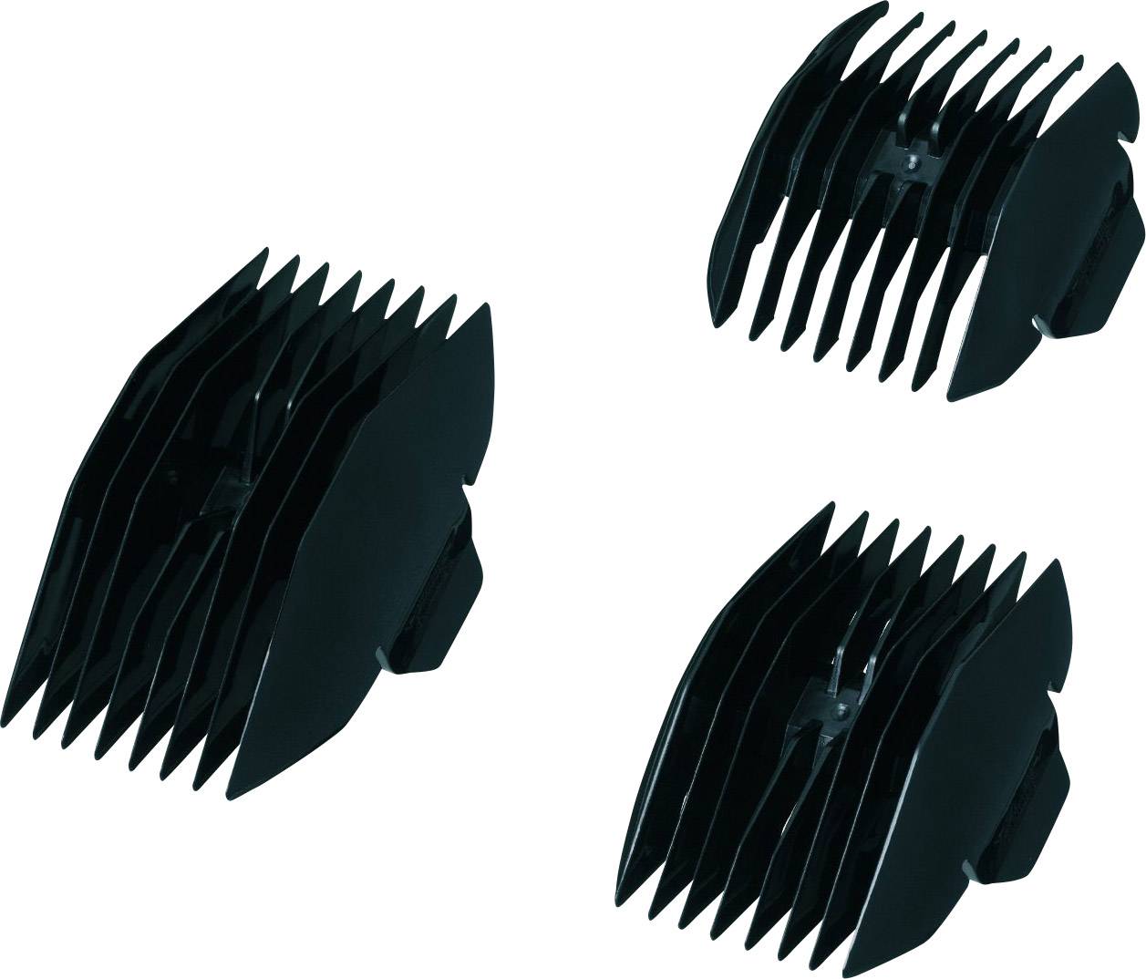Tre attacchi in plastica nera per tagliacapelli, di dimensioni diverse, disposti uno accanto all'altro. Servono per regolare la lunghezza dei capelli.