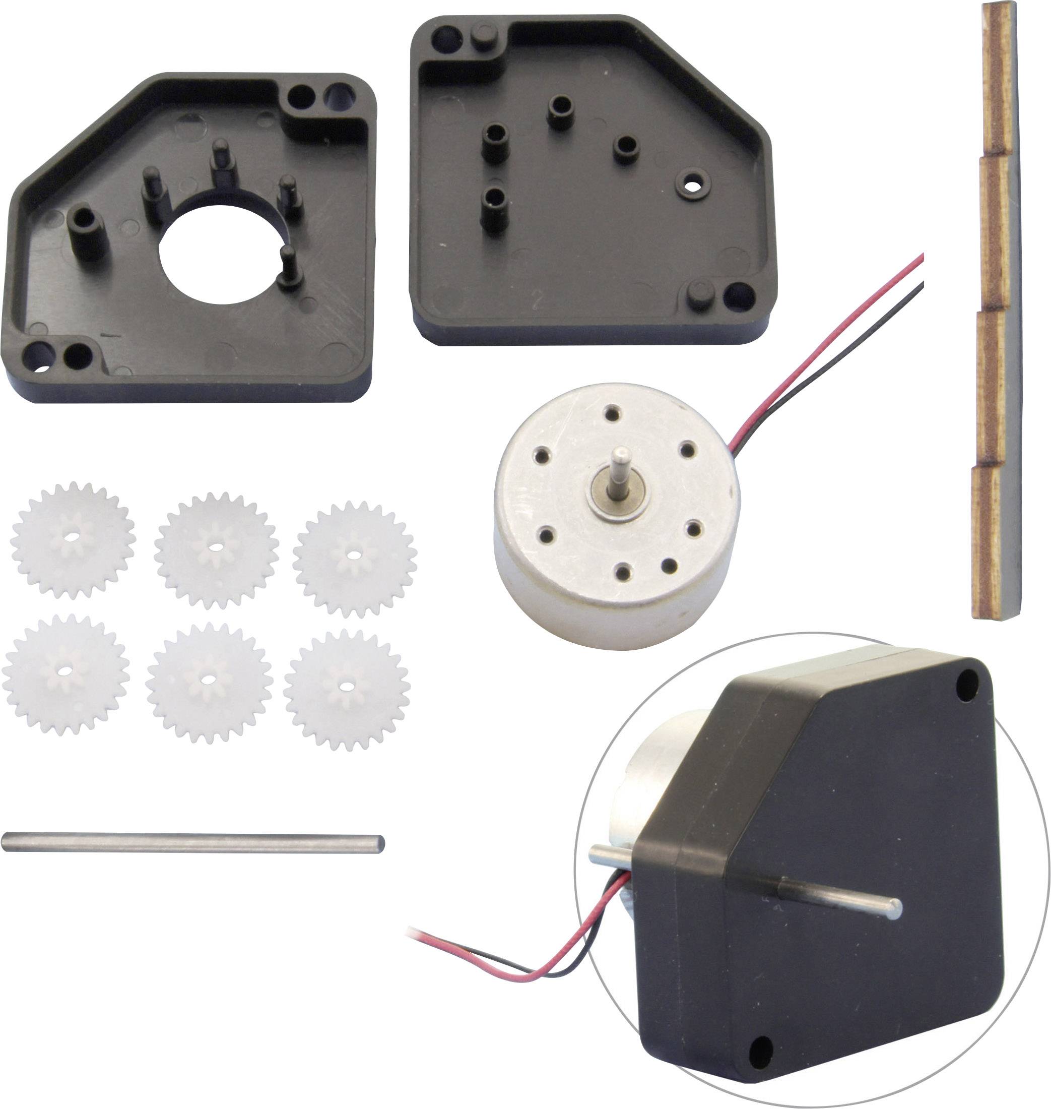 Componenti modulari per un motore elettrico: parti del carter, ingranaggi, motore, magnete, asse e connessioni dei fili.