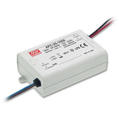 Un dispositivo elettronico rettangolare con connessioni cablate. Mostra specifiche tecniche, tra cui il modello 'APC-25-1050'.