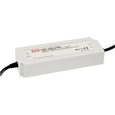 Un alimentatore rettangolare con la scritta 'LPC-150-1750' di MW. Ha cavi neri su entrambe le estremità ed è certificato IP67.